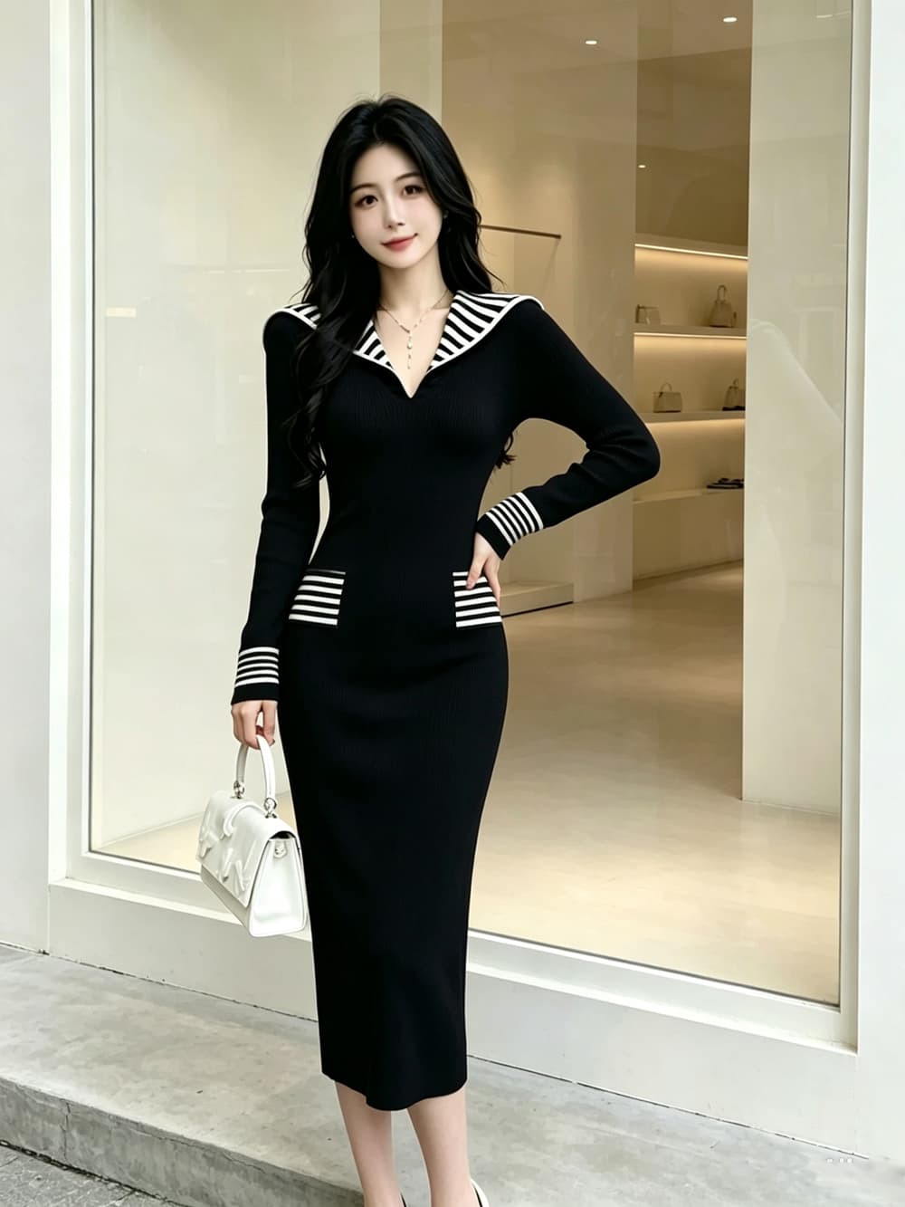 실사 해군 칼라 긴팔 니트 여성 드레스 가을 겨울 프랑스식 인사이드 코디 코트 빨간색 타이트 스커트 스웨터 롱 스커트 상세 이미지 20