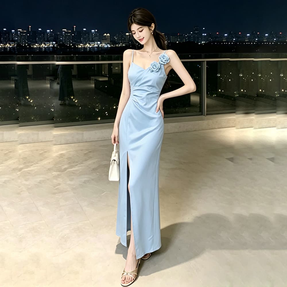 실사 섹시함 품격 V넥 슬립 꽃 여성 드레스 모임 예복 여름 몸매 가꾸기 트임 나이트 클럽 롱 스커트 상세 이미지 10