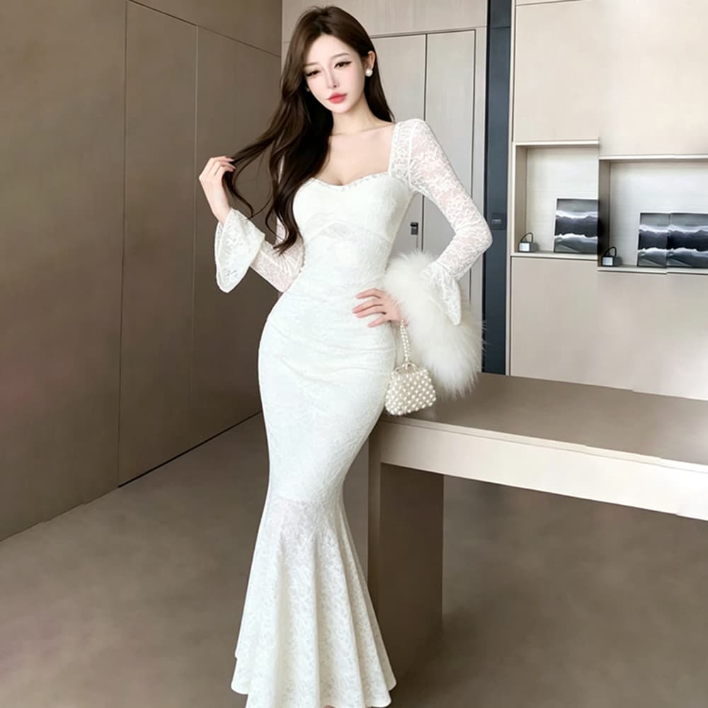 실사 새로운 프랑스식 패션 우아함 품격 긴팔 레이스 인어 꼬리 드레스 이브닝 드레스 여성 만나는 롱 스커트