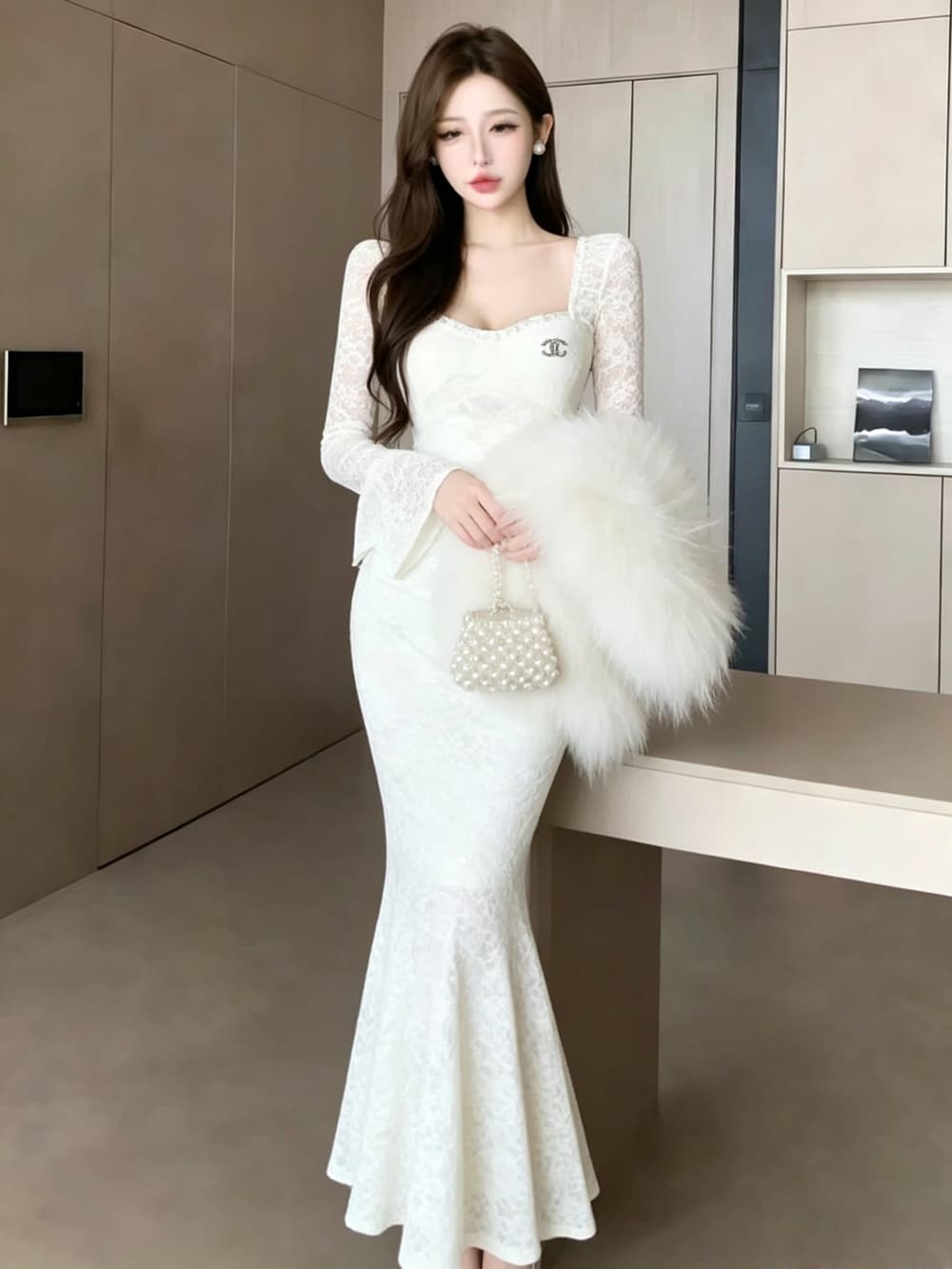실사 새로운 프랑스식 패션 우아함 품격 긴팔 레이스 인어 꼬리 드레스 이브닝 드레스 여성 만나는 롱 스커트 상세 이미지 1
