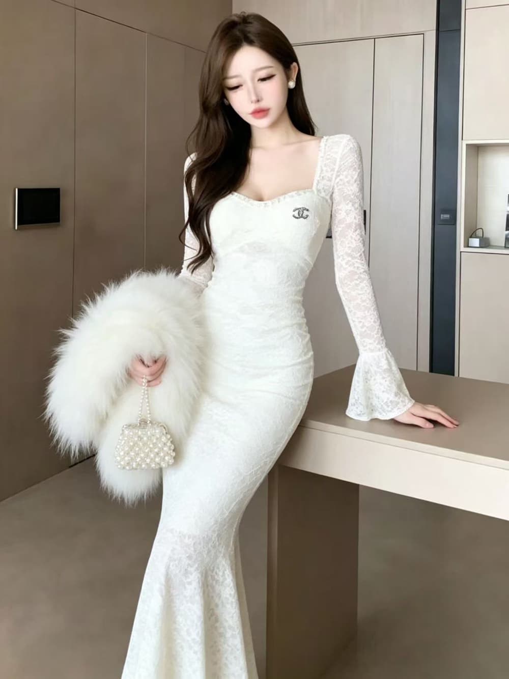 실사 새로운 프랑스식 패션 우아함 품격 긴팔 레이스 인어 꼬리 드레스 이브닝 드레스 여성 만나는 롱 스커트 상세 이미지 5