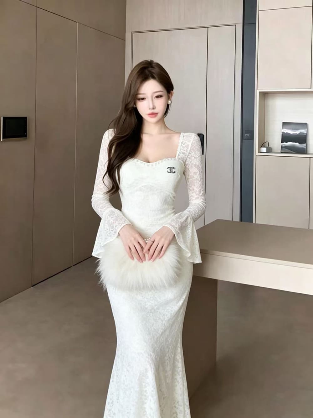 실사 새로운 프랑스식 패션 우아함 품격 긴팔 레이스 인어 꼬리 드레스 이브닝 드레스 여성 만나는 롱 스커트 상세 이미지 7