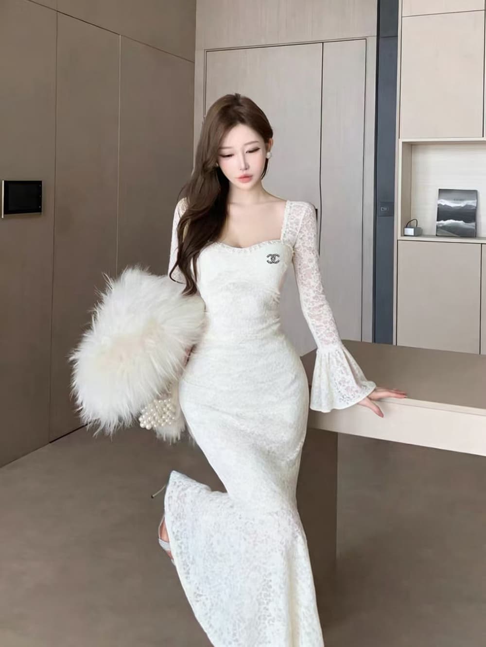 실사 새로운 프랑스식 패션 우아함 품격 긴팔 레이스 인어 꼬리 드레스 이브닝 드레스 여성 만나는 롱 스커트 상세 이미지 8