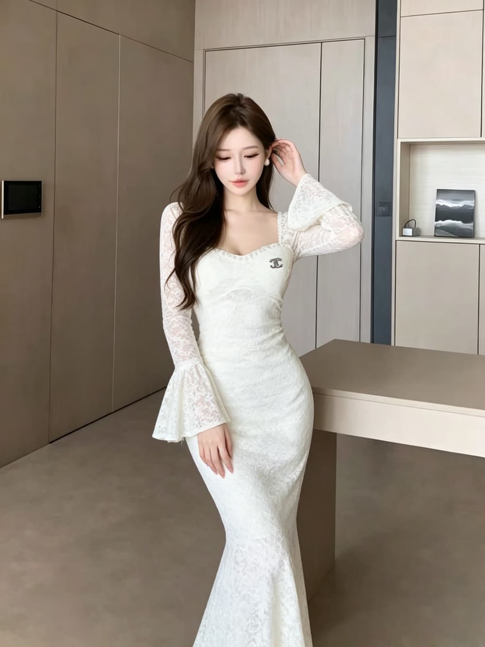 실사 새로운 프랑스식 패션 우아함 품격 긴팔 레이스 인어 꼬리 드레스 이브닝 드레스 여성 만나는 롱 스커트 상세 이미지 9