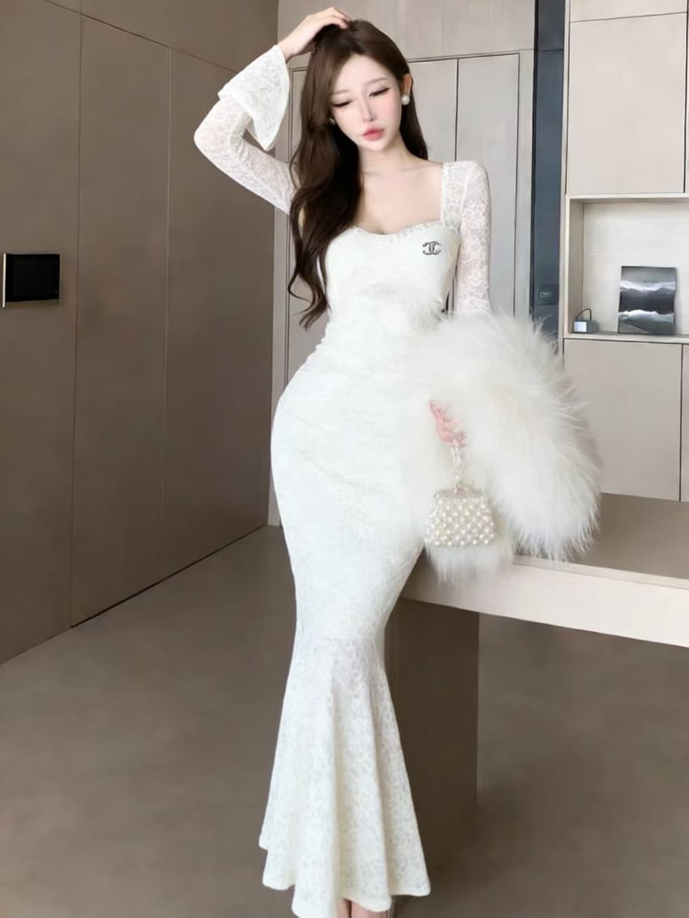 실사 새로운 프랑스식 패션 우아함 품격 긴팔 레이스 인어 꼬리 드레스 이브닝 드레스 여성 만나는 롱 스커트 상세 이미지 10