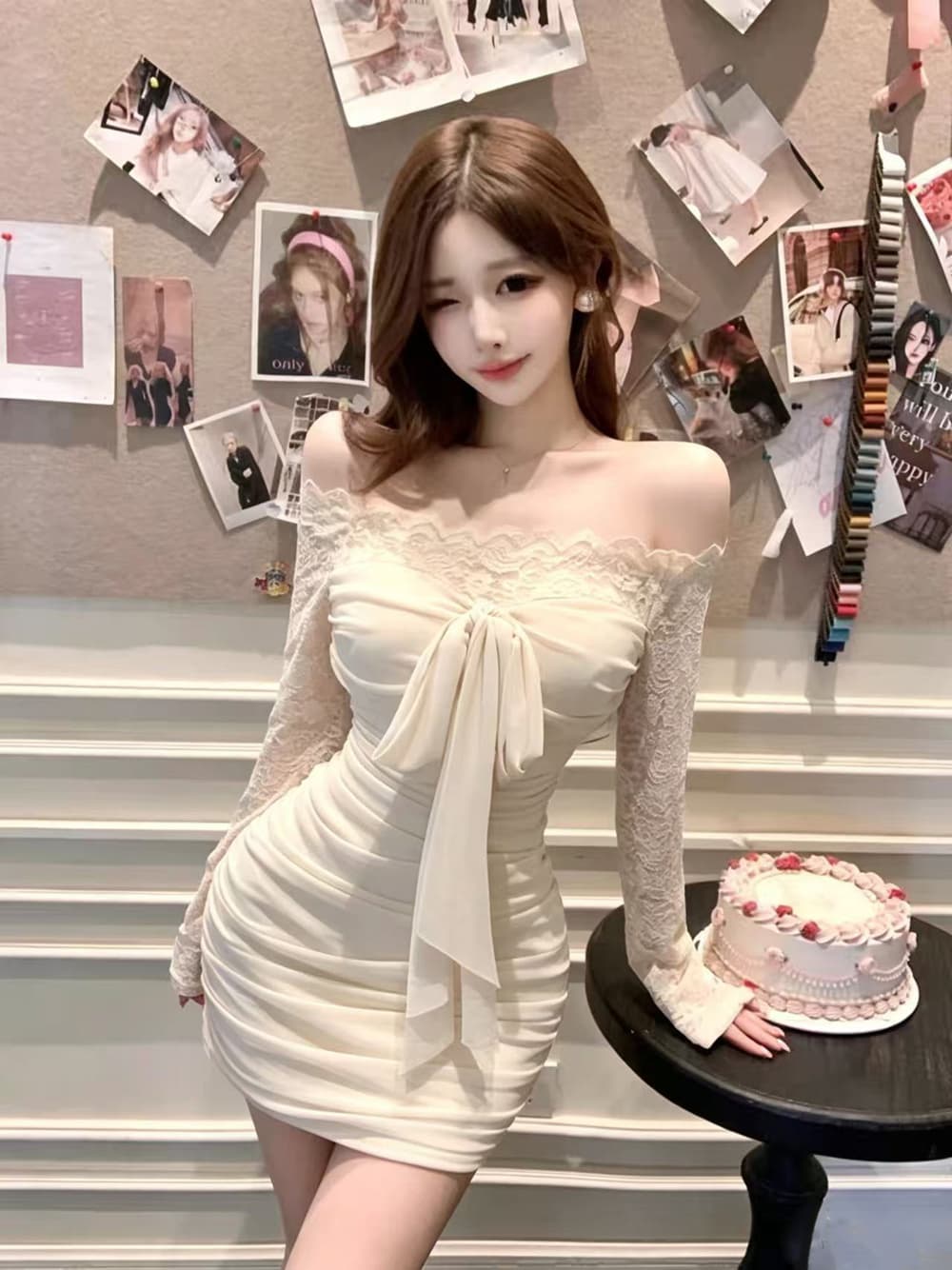 실사 새로운 핫걸 오프숄더 타이트 스커트 허리 수축 여성 드레스 섹시함 레이스 조각 미니 스커트 프랑스식 치마 상세 이미지 11