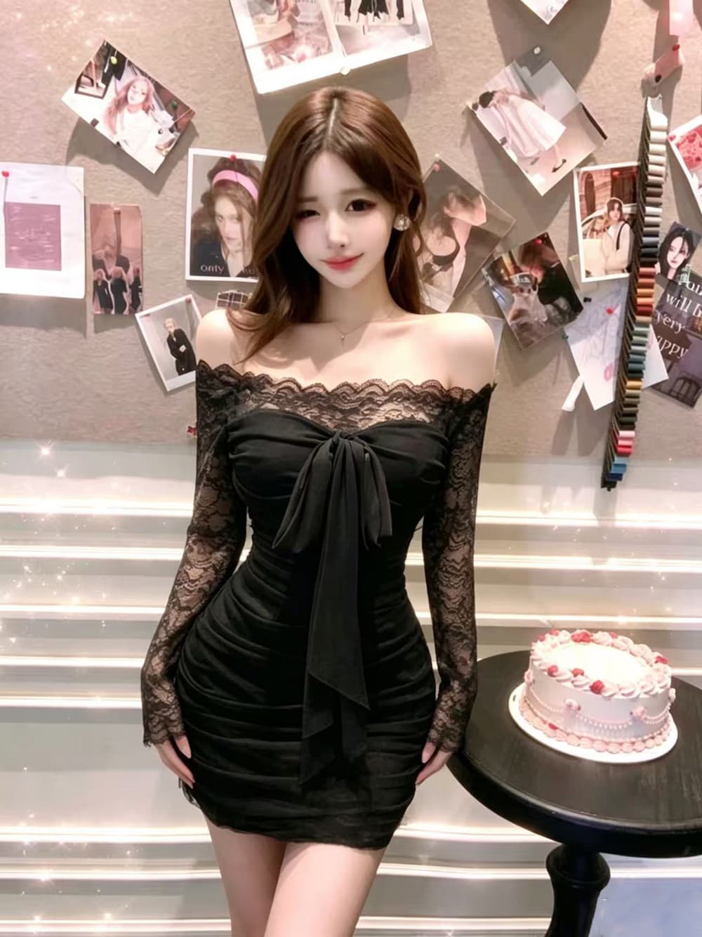 실사 새로운 핫걸 오프숄더 타이트 스커트 허리 수축 여성 드레스 섹시함 레이스 조각 미니 스커트 프랑스식 치마 상세 이미지 22