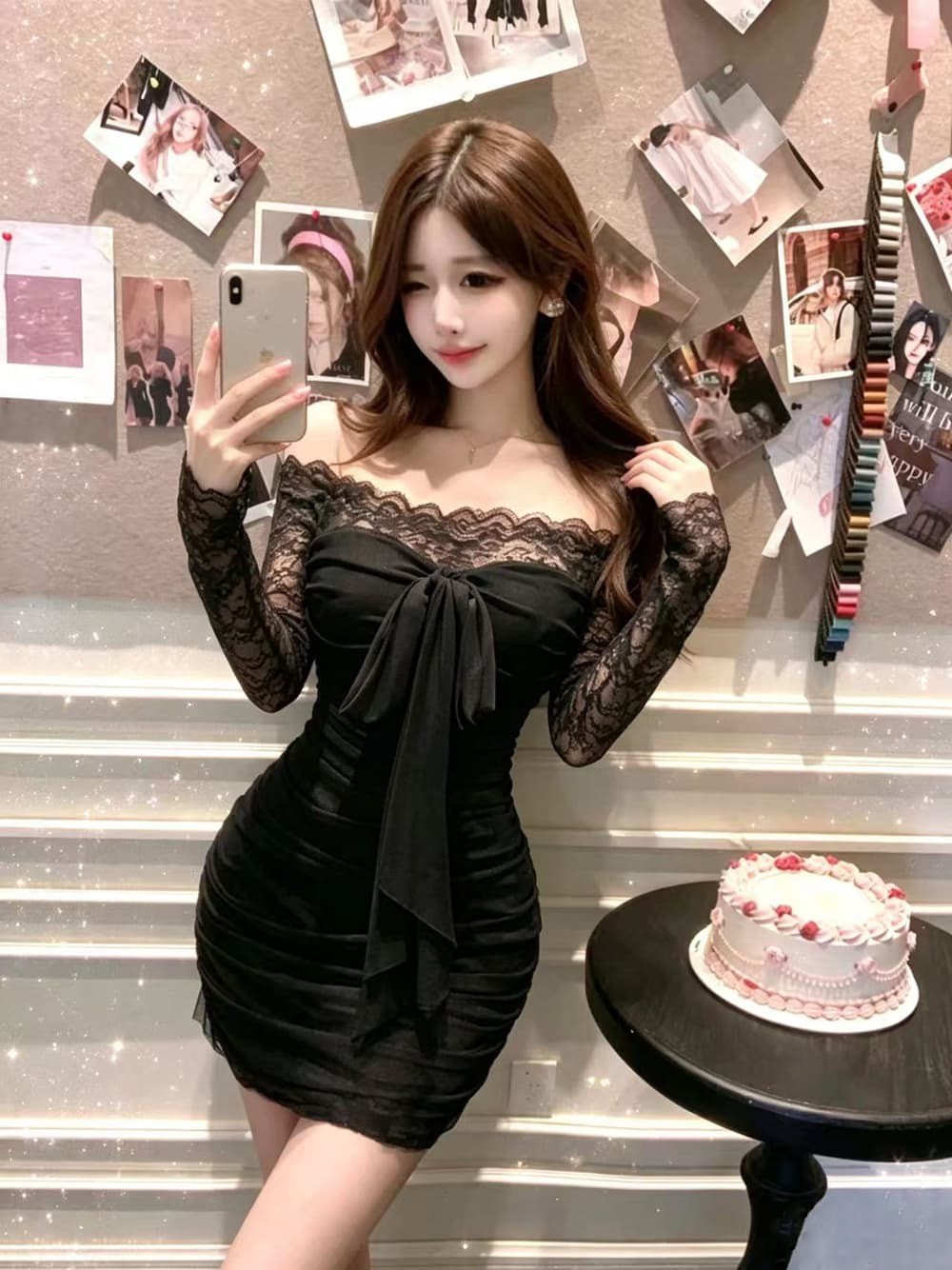 실사 새로운 핫걸 오프숄더 타이트 스커트 허리 수축 여성 드레스 섹시함 레이스 조각 미니 스커트 프랑스식 치마 상세 이미지 25