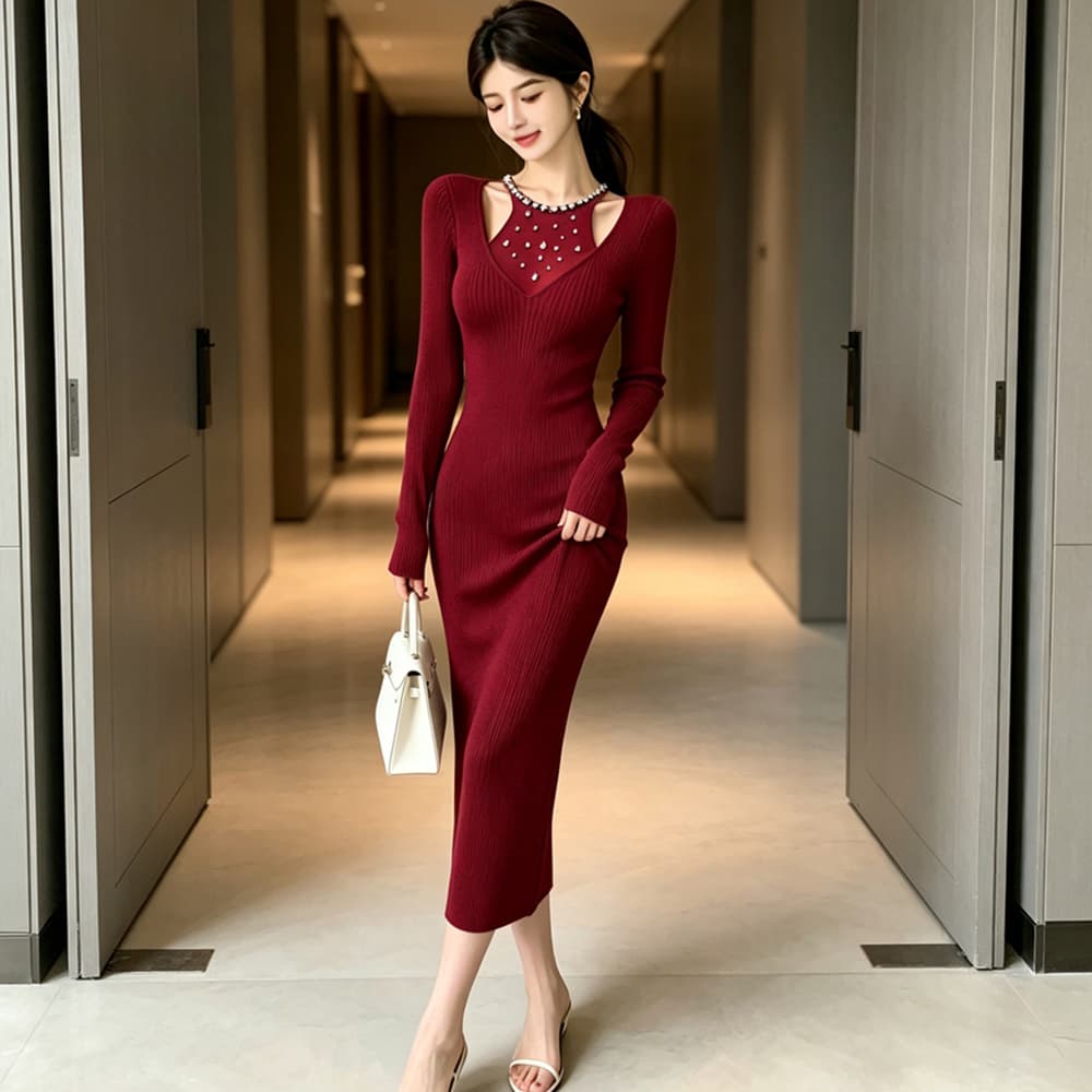 실사 가을 겨울 프랑스식 홀로우 아웃 주문 훈련 행침 목 롱 스커트 허리 수축 타이트 스커트 인사이드 가져 가라. 긴팔 만나는 니트 드레스