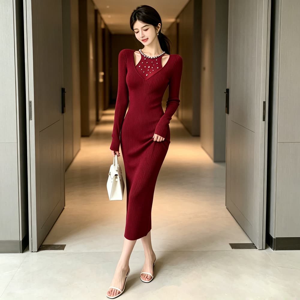 실사 가을 겨울 프랑스식 홀로우 아웃 주문 훈련 행침 목 롱 스커트 허리 수축 타이트 스커트 인사이드 가져 가라. 긴팔 만나는 니트 드레스 상세 이미지 8