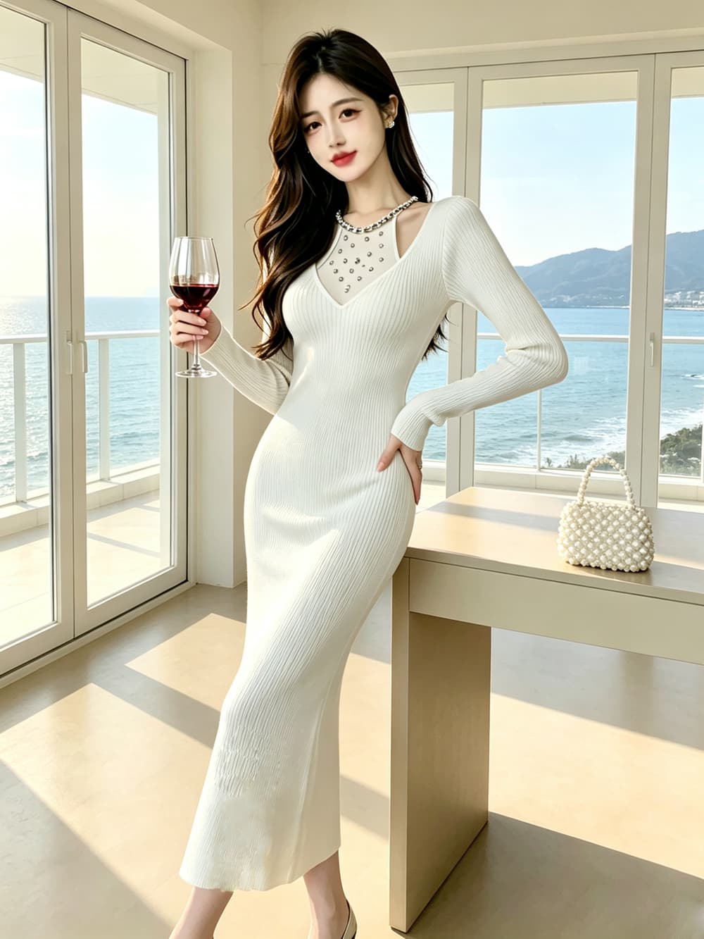 실사 가을 겨울 프랑스식 홀로우 아웃 주문 훈련 행침 목 롱 스커트 허리 수축 타이트 스커트 인사이드 가져 가라. 긴팔 만나는 니트 드레스 상세 이미지 23