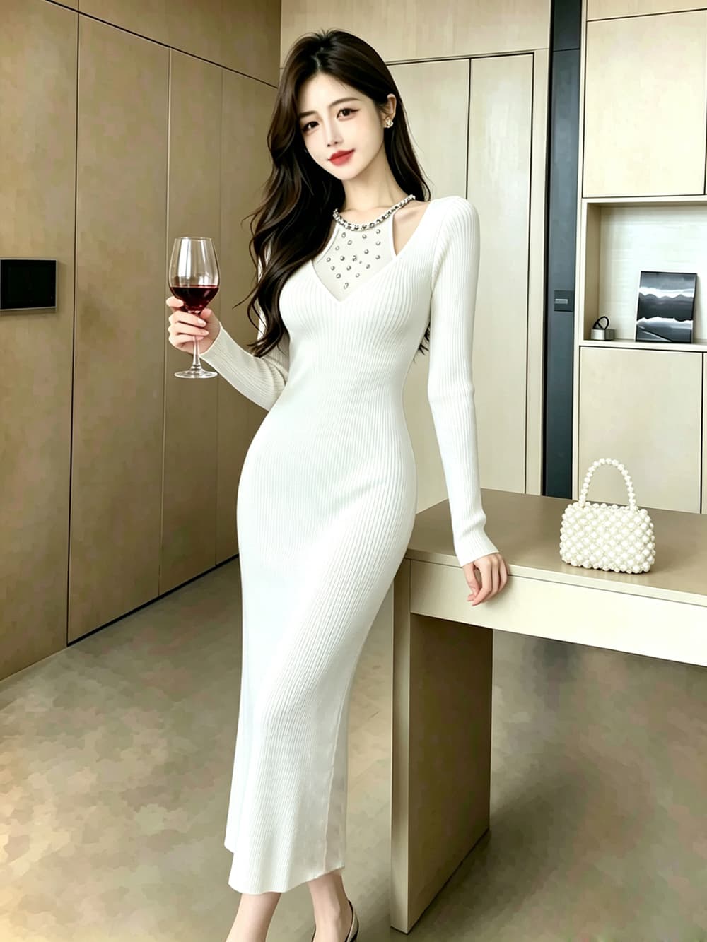 실사 가을 겨울 프랑스식 홀로우 아웃 주문 훈련 행침 목 롱 스커트 허리 수축 타이트 스커트 인사이드 가져 가라. 긴팔 만나는 니트 드레스 상세 이미지 25