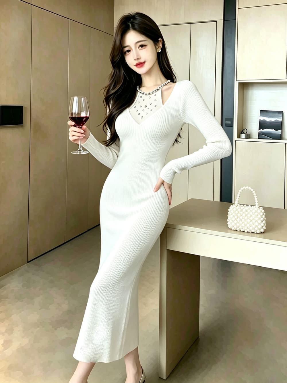 실사 가을 겨울 프랑스식 홀로우 아웃 주문 훈련 행침 목 롱 스커트 허리 수축 타이트 스커트 인사이드 가져 가라. 긴팔 만나는 니트 드레스 상세 이미지 27