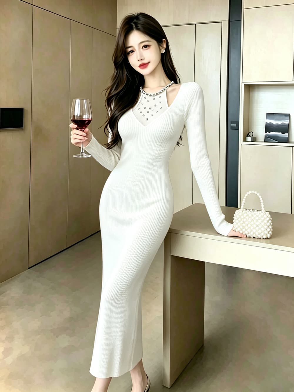 실사 가을 겨울 프랑스식 홀로우 아웃 주문 훈련 행침 목 롱 스커트 허리 수축 타이트 스커트 인사이드 가져 가라. 긴팔 만나는 니트 드레스 상세 이미지 30