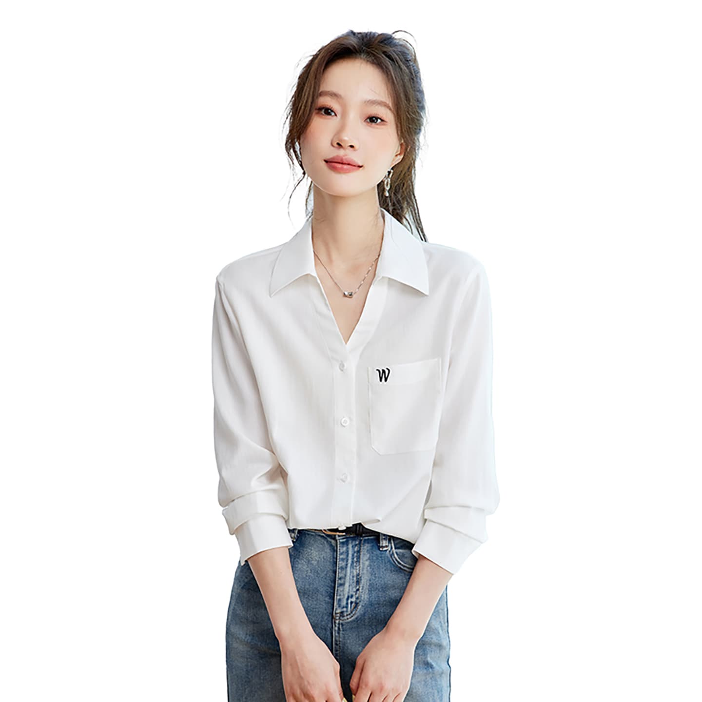 장대 서울 남편 흰 셔츠 미니멀리즘 자수 V넥 맨위 여성 가을 다용도 긴팔 느긋한 센스 셔츠 이미지 5