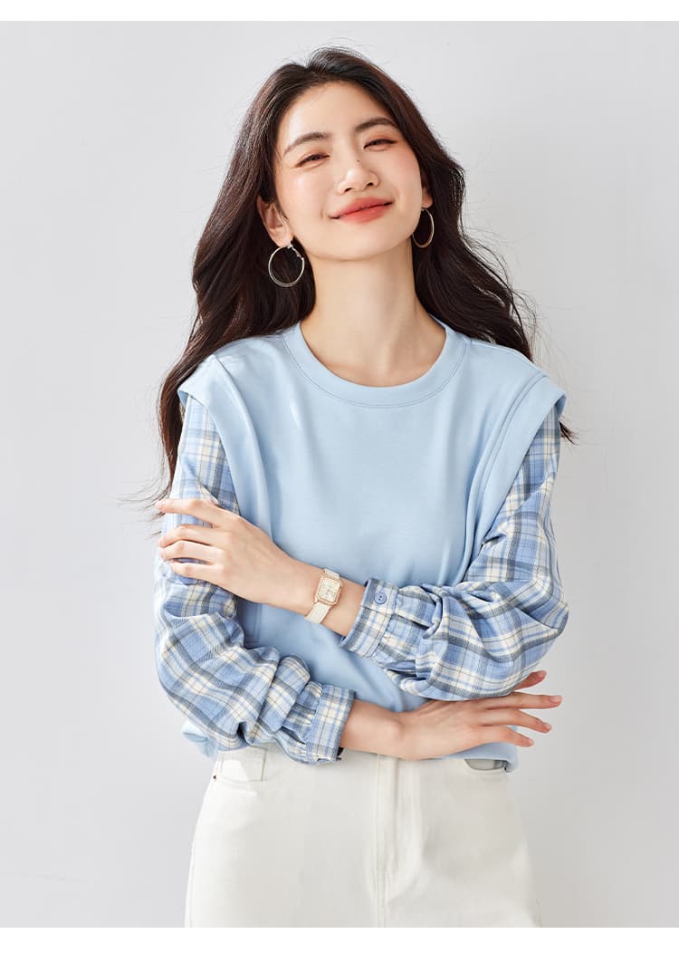 2026 가을 새로운 페이크 레이어드 배색 체크무늬 후드티 여성 긴팔 연령 감소 풀오버 라운드 넥 맨위 상세 이미지 13