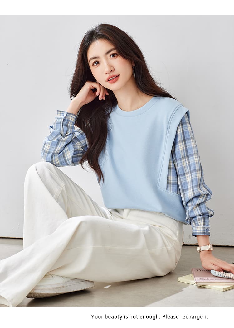 2026 가을 새로운 페이크 레이어드 배색 체크무늬 후드티 여성 긴팔 연령 감소 풀오버 라운드 넥 맨위 상세 이미지 16
