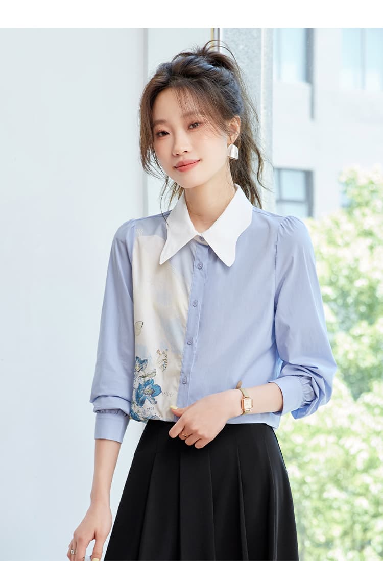 2026 가을 디자인 센스 배색 프린트 긴팔 파란색 여성 셔츠 Chic 배색 맨위 고급 센스 셔츠 상세 이미지 14
