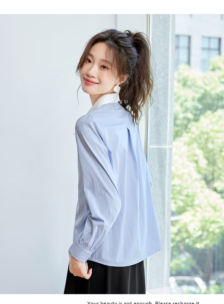 2026 가을 디자인 센스 배색 프린트 긴팔 파란색 여성 셔츠 Chic 배색 맨위 고급 센스 셔츠 상세 이미지 15