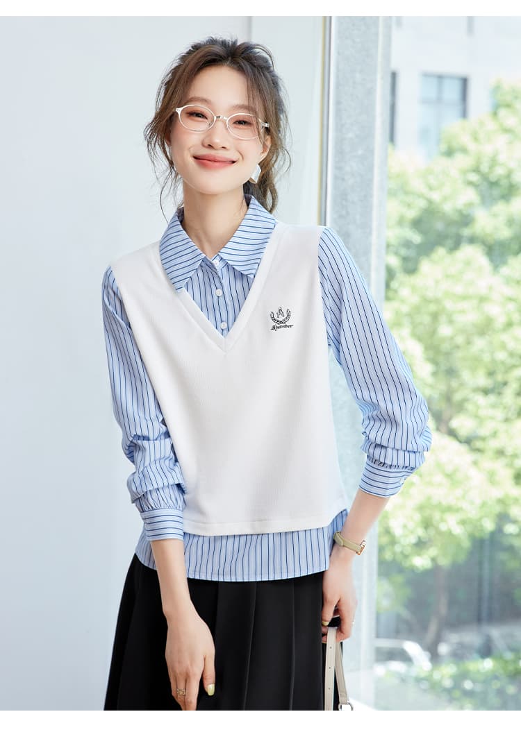 2026 가을 새로운 학원 스타일 페이크 레이어드 스트라이프 셔츠 칼라 후드티 여성 풀오버 캐주얼 슬림해 보이는 맨위 상세 이미지 12