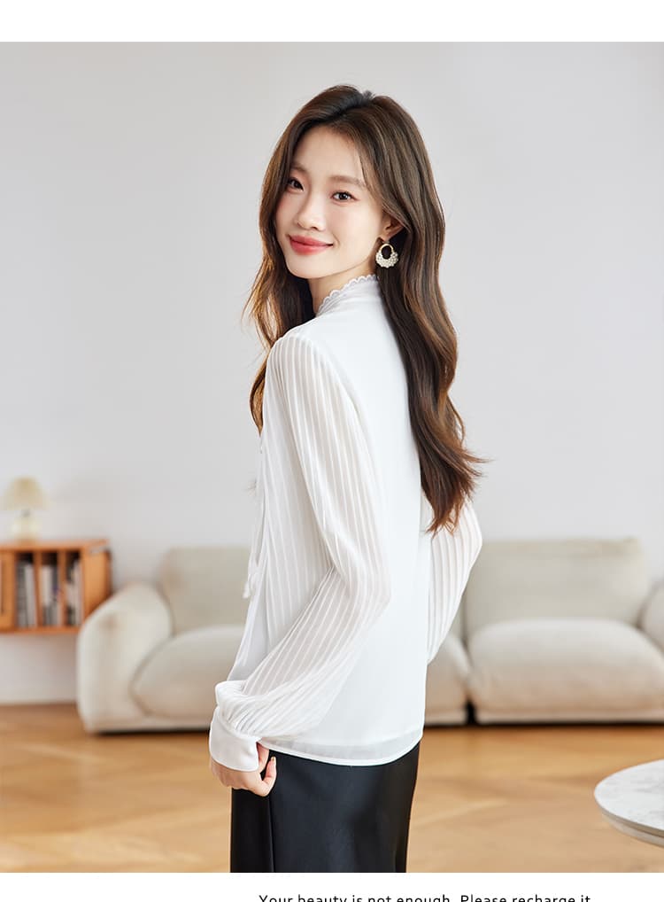 나비 매듭 리본 레이스 V넥 화이트 여성 셔츠 프랑스식 품격 장기 플리츠 소매 출퇴근 맨위 상세 이미지 15