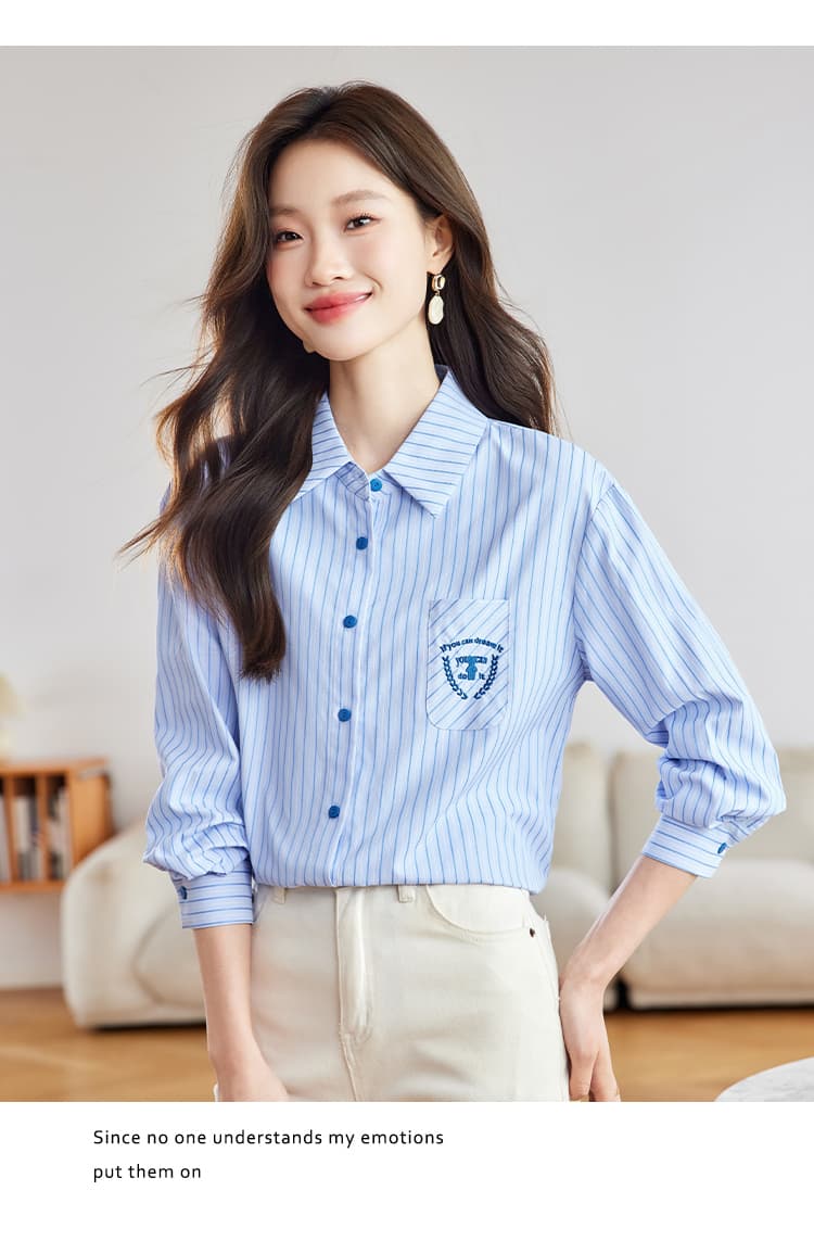 파란색 스트라이프 여성 셔츠 2026 가을 새로운 프랑스식 영국식 학원 스타일 품격 출퇴근 긴팔 셔츠 상세 이미지 12