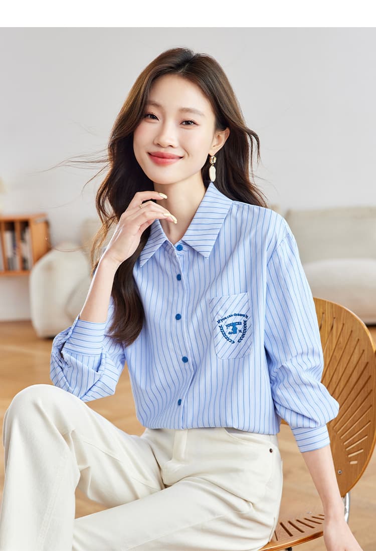 파란색 스트라이프 여성 셔츠 2026 가을 새로운 프랑스식 영국식 학원 스타일 품격 출퇴근 긴팔 셔츠 상세 이미지 15