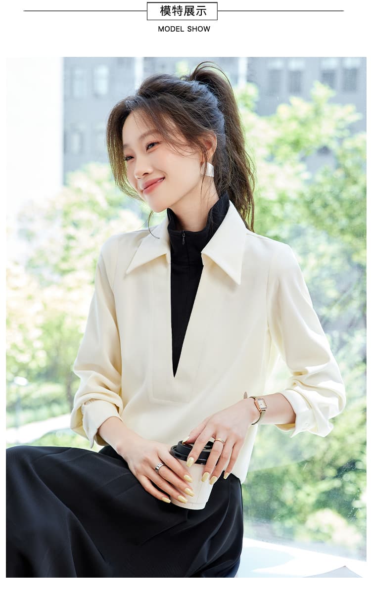 봄 가을 배색 페이크 레이어드 긴팔 여성 셔츠 2026 새로운 프랑스식 둘 착용 맨위 셔츠 인사이드 가져 가라. 상세 이미지 9