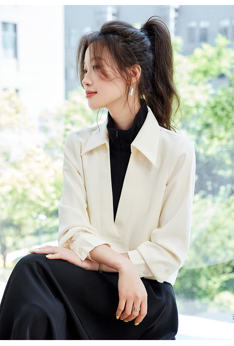 봄 가을 배색 페이크 레이어드 긴팔 여성 셔츠 2026 새로운 프랑스식 둘 착용 맨위 셔츠 인사이드 가져 가라. 상세 이미지 10