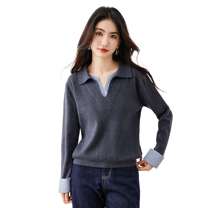 POLO 칼라 스트라이프 패치워크 긴팔 니트 스웨터 여성 가을 디자인 센스 한 부서 Chic 페이크 레이어드 맨위 이미지 5