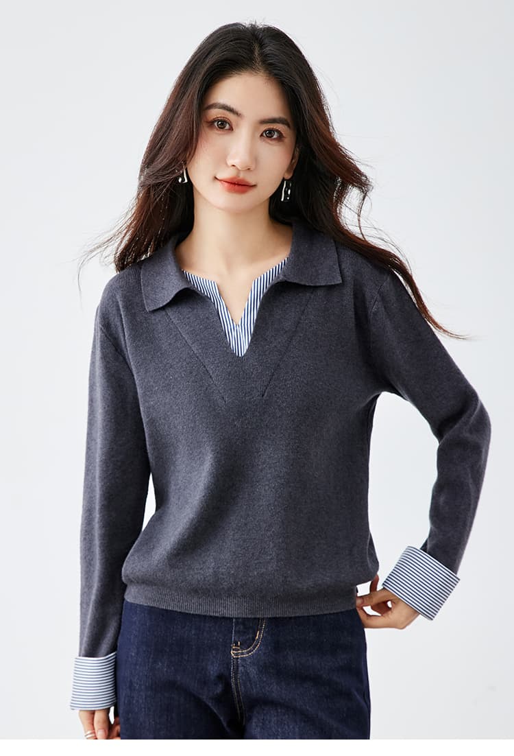 POLO 칼라 스트라이프 패치워크 긴팔 니트 스웨터 여성 가을 디자인 센스 한 부서 Chic 페이크 레이어드 맨위 상세 이미지 14