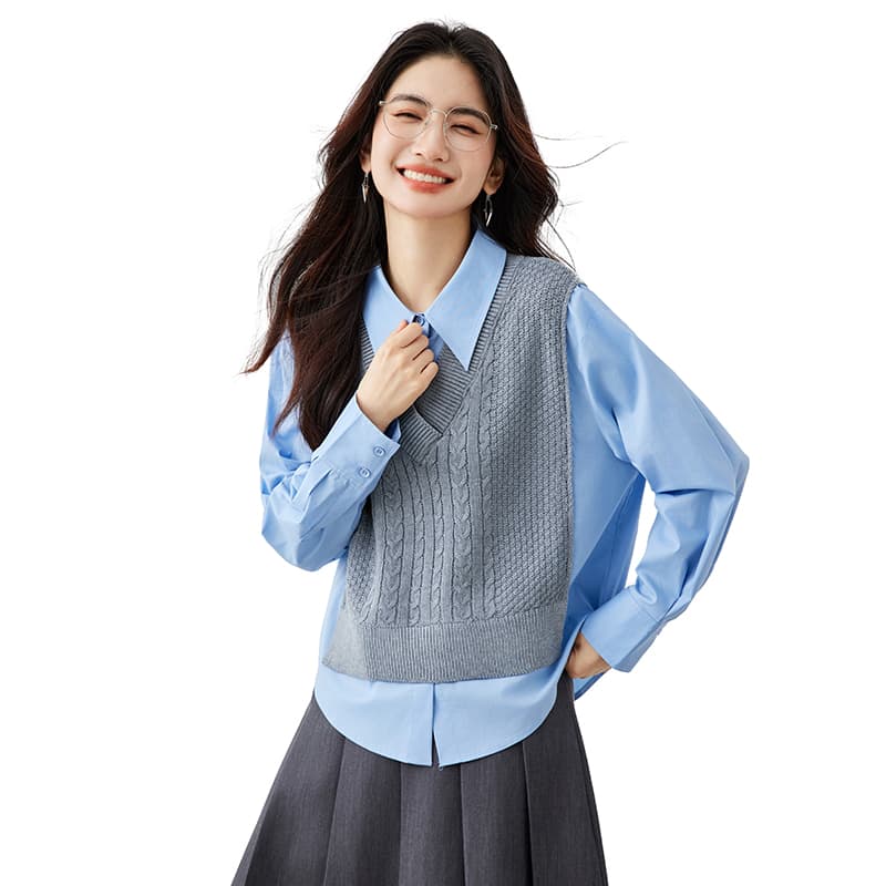 2026 가을 학원 스타일 외국 가스 미니멀리즘 루즈핏 폴로 칼라 패치워크 긴팔 페이크 레이어드 베스트 니트 여성 셔츠 이미지 5
