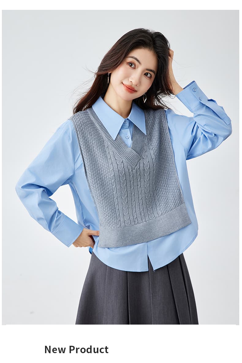 2026 가을 학원 스타일 외국 가스 미니멀리즘 루즈핏 폴로 칼라 패치워크 긴팔 페이크 레이어드 베스트 니트 여성 셔츠 상세 이미지 1