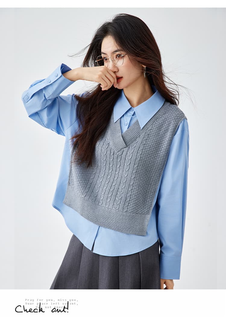 2026 가을 학원 스타일 외국 가스 미니멀리즘 루즈핏 폴로 칼라 패치워크 긴팔 페이크 레이어드 베스트 니트 여성 셔츠 상세 이미지 18