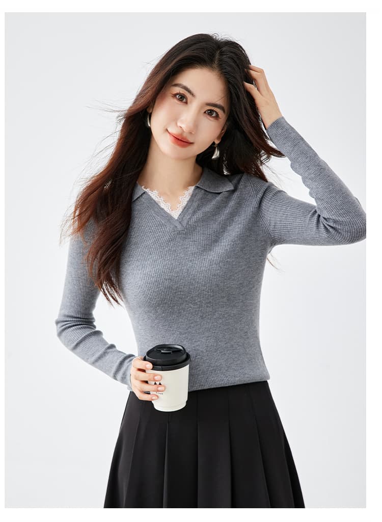 2026 가을 새로운 몸매 가꾸기 슬림해 보이는 레이스 레이스 V넥 니트 스웨터 맨위 여성 상세 이미지 15
