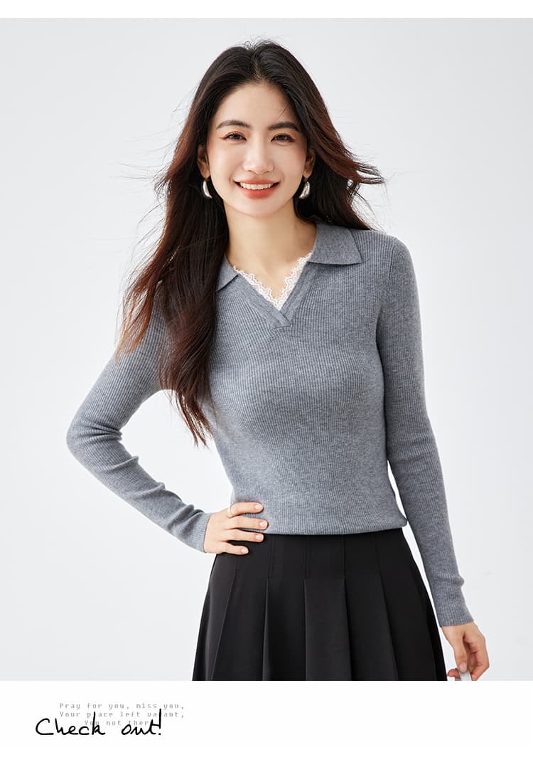 2026 가을 새로운 몸매 가꾸기 슬림해 보이는 레이스 레이스 V넥 니트 스웨터 맨위 여성 상세 이미지 18