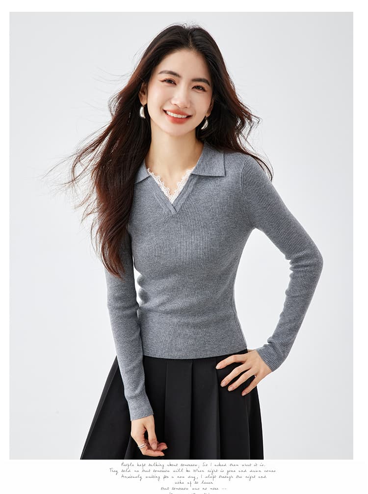 2026 가을 새로운 몸매 가꾸기 슬림해 보이는 레이스 레이스 V넥 니트 스웨터 맨위 여성 상세 이미지 19
