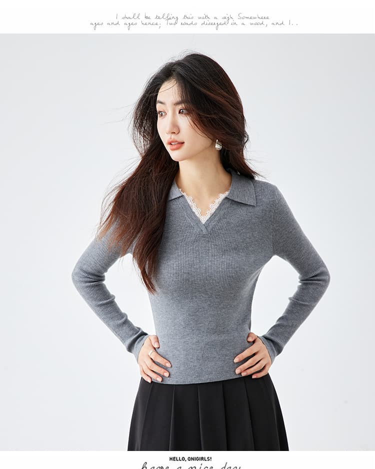 2026 가을 새로운 몸매 가꾸기 슬림해 보이는 레이스 레이스 V넥 니트 스웨터 맨위 여성 상세 이미지 21