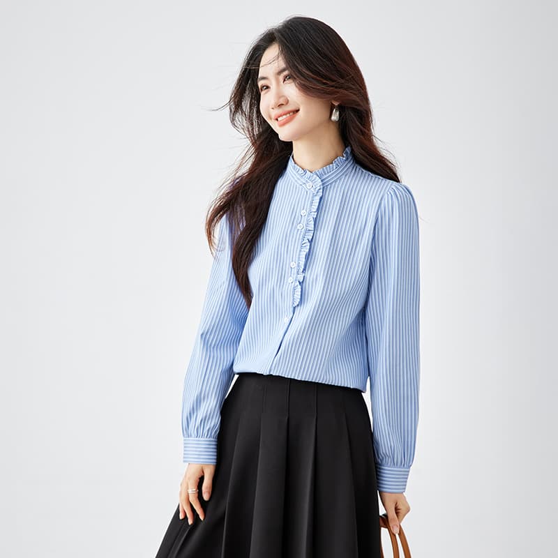 궁정 바람 프릴 스탠드 칼라 스트라이프 여성 셔츠 2026 새로운 가을 루즈핏 긴팔 스택 착용 셔츠 이미지 4