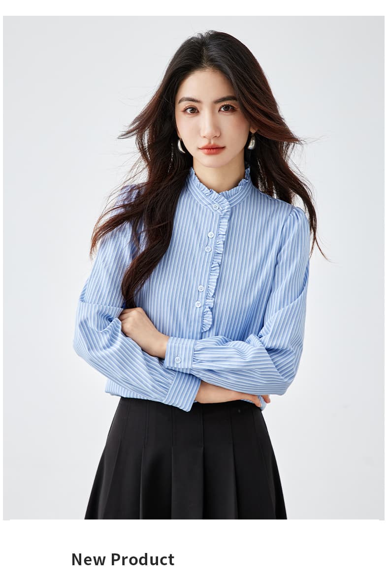 궁정 바람 프릴 스탠드 칼라 스트라이프 여성 셔츠 2026 새로운 가을 루즈핏 긴팔 스택 착용 셔츠 상세 이미지 1