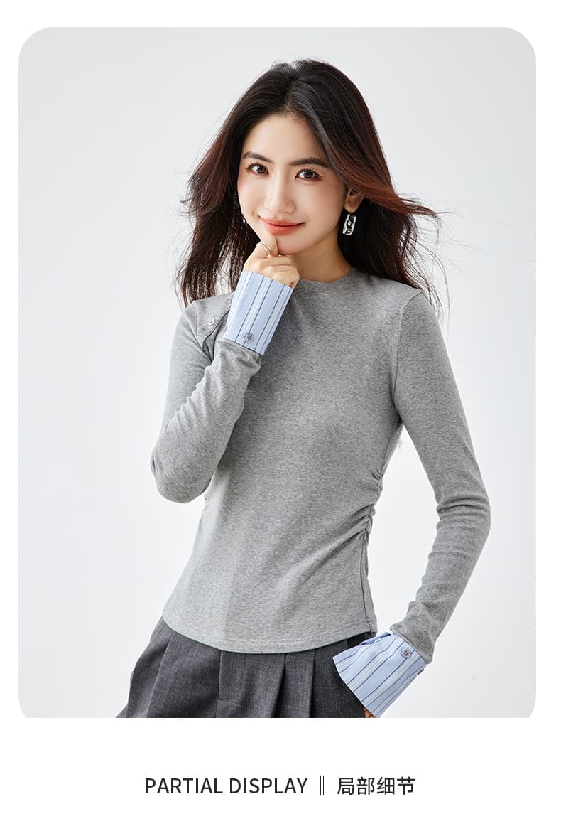 양모 배색 긍정적 인 어깨 티셔츠 여성 2026 봄 새로운 미니멀리즘 패션 디자인 센스 인사이드 가져 가라. 캐주얼 맨위 상세 이미지 3