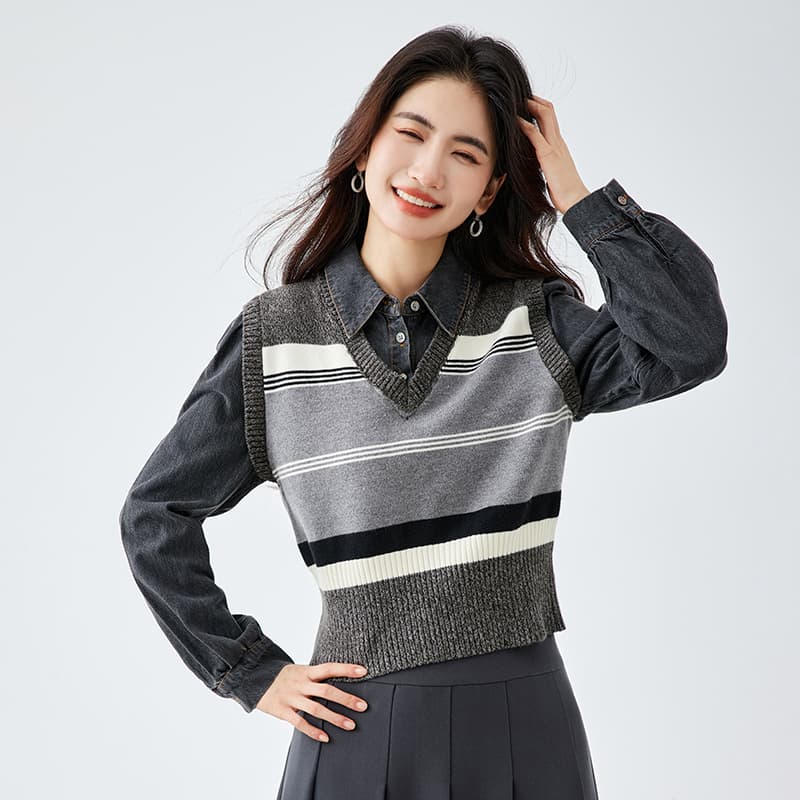 2026 가을 새로운 학원 스타일 레이 부서 페이크 레이어드 셔츠 긴팔 셔츠 맨위 여성