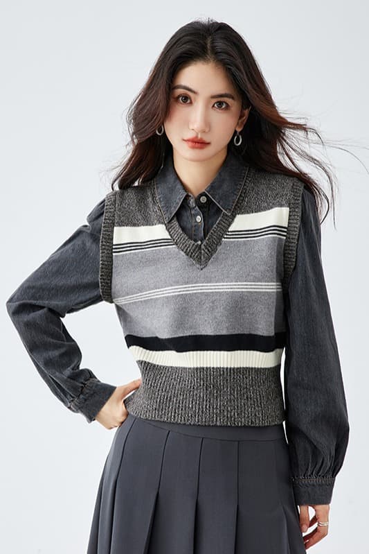 2026 가을 새로운 학원 스타일 레이 부서 페이크 레이어드 셔츠 긴팔 셔츠 맨위 여성 이미지 6