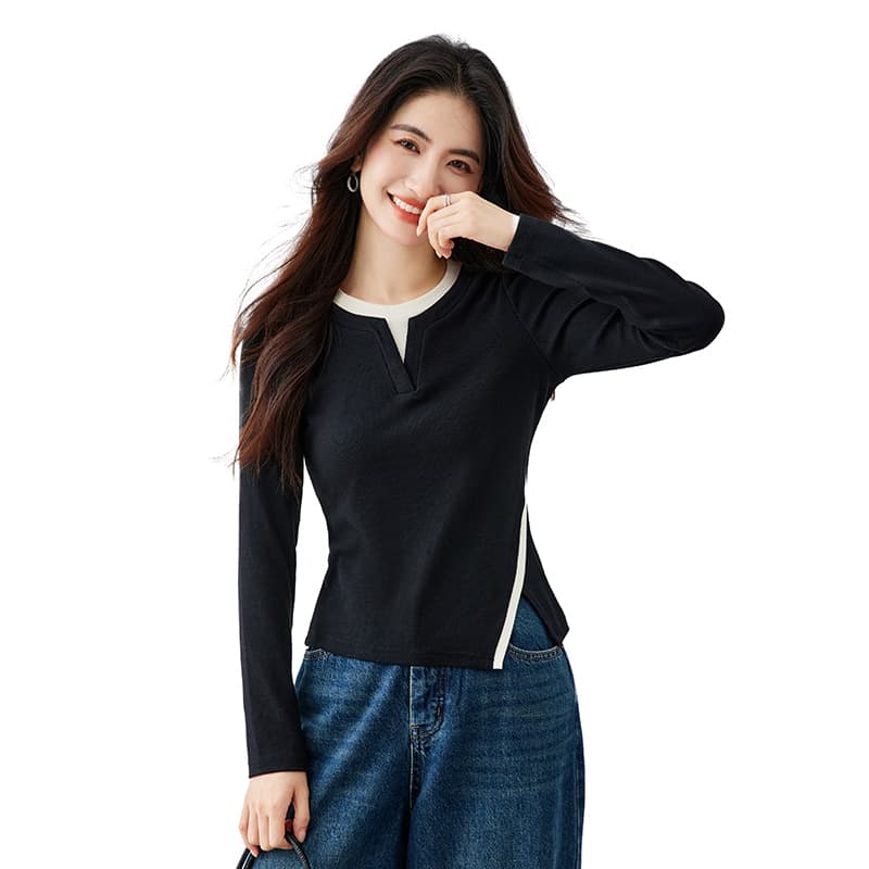 스타일 고급 센스 패치워크 배색 트임 라운드 넥 티셔츠 여성 2026 봄 드레스 새로운 작은 대중 몸매 가꾸기 맨위 이미지 5