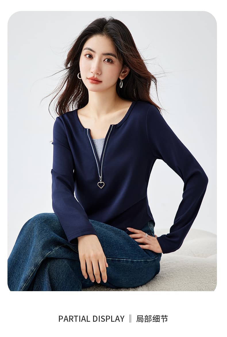 긴팔 티셔츠 여성 2026 봄 새로운 슬림해 보이는 기본 셔츠 페이크 레이어드 착용 가져 가라. 긍정적 인 어깨 의류 상세 이미지 3