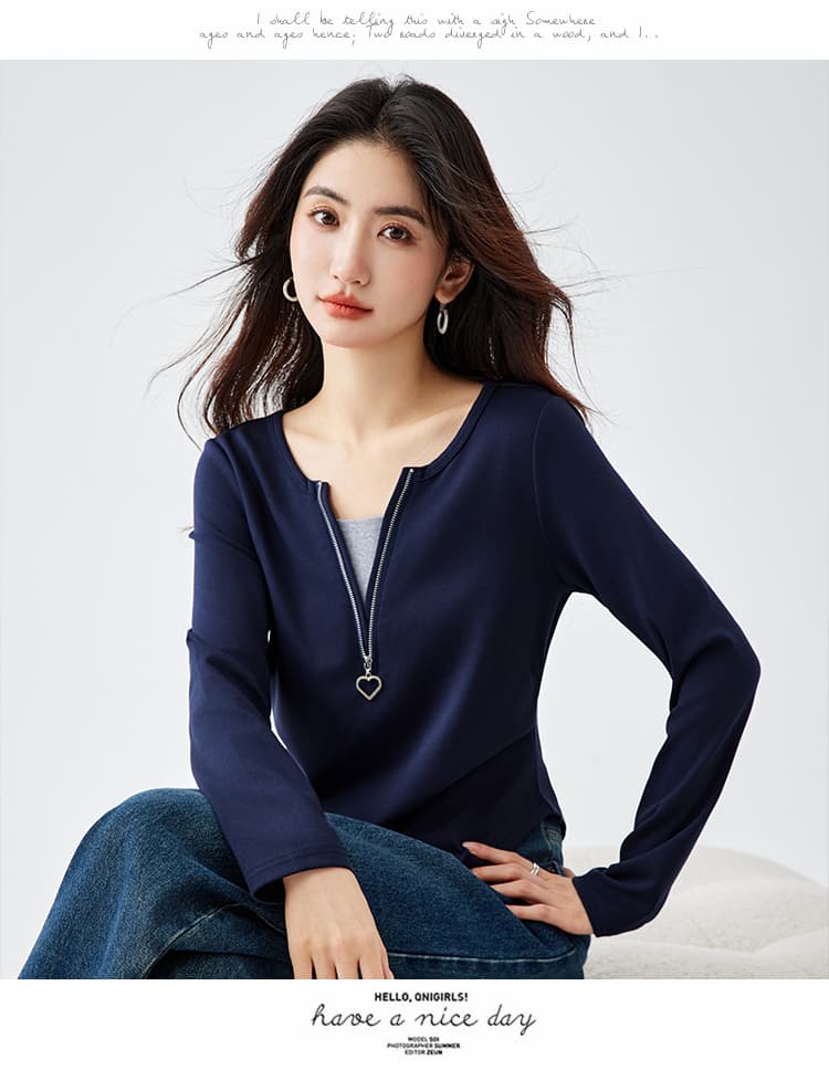 긴팔 티셔츠 여성 2026 봄 새로운 슬림해 보이는 기본 셔츠 페이크 레이어드 착용 가져 가라. 긍정적 인 어깨 의류 상세 이미지 14