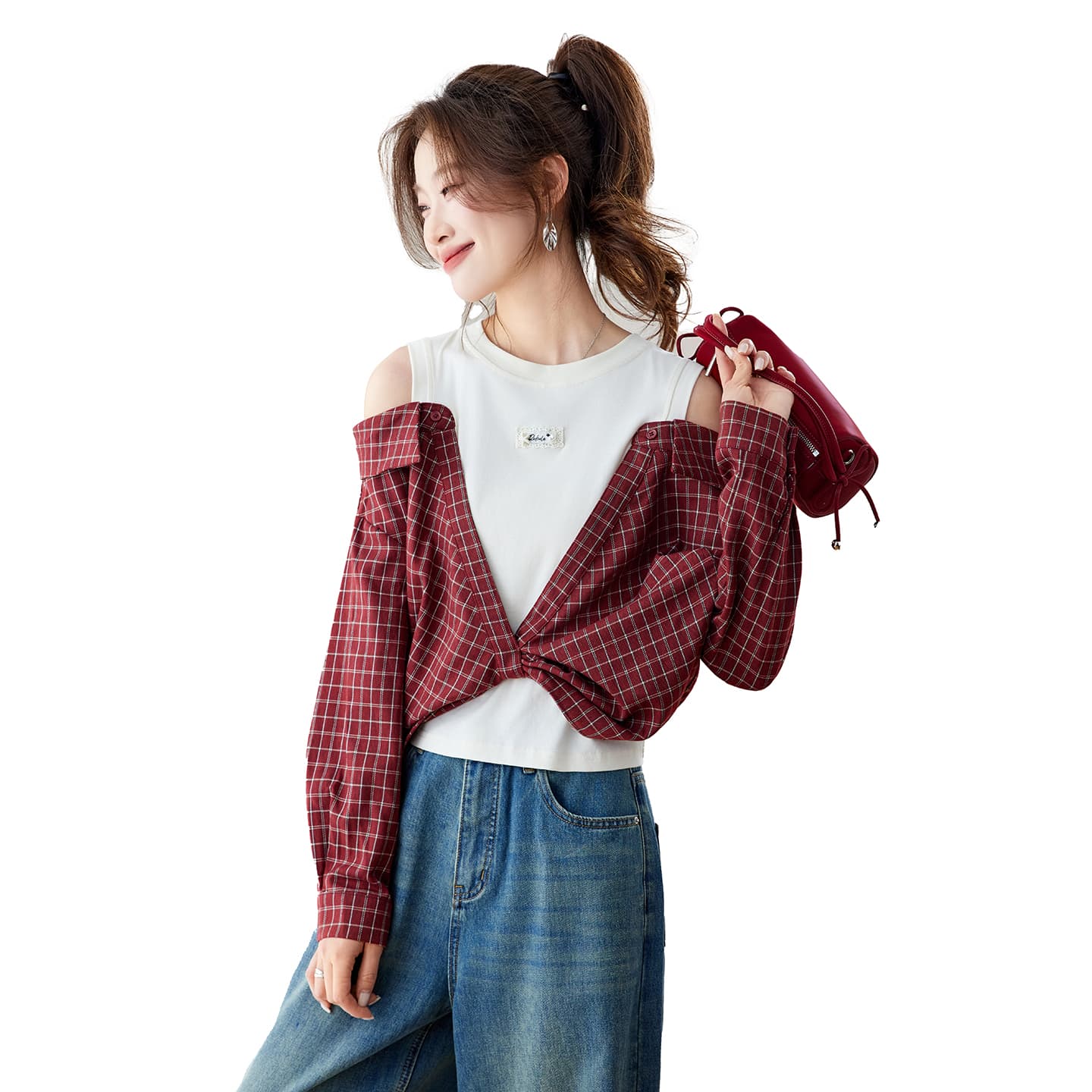 따뜻한 플러시 속삭임 봄 새로운 페이크 레이어드 패치워크 빨간색 오프숄더 체크무늬 여성 셔츠 루즈핏 긴팔 맨위 이미지 5