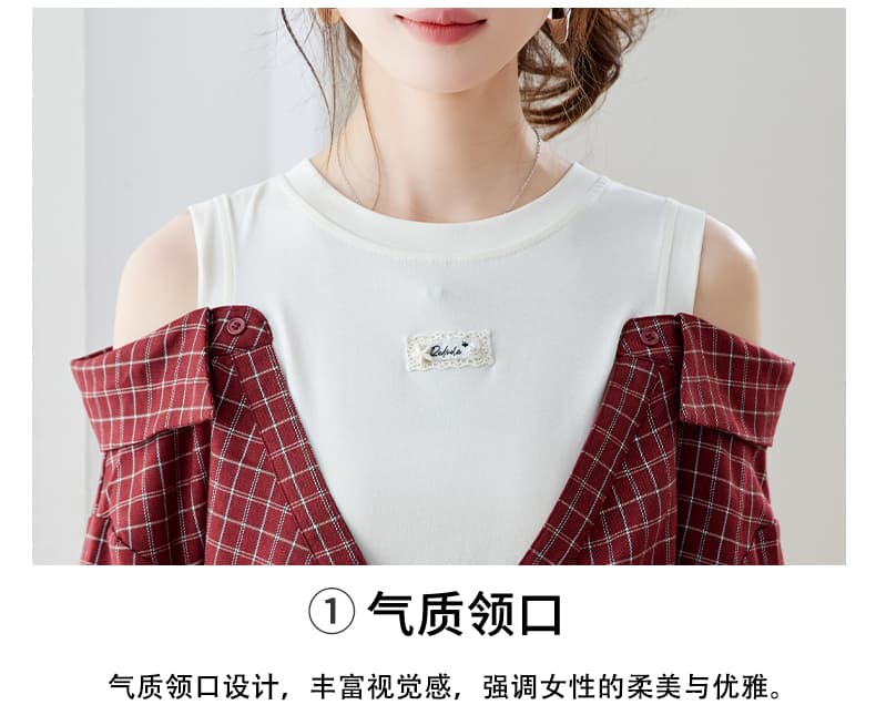 따뜻한 플러시 속삭임 봄 새로운 페이크 레이어드 패치워크 빨간색 오프숄더 체크무늬 여성 셔츠 루즈핏 긴팔 맨위 상세 이미지 4