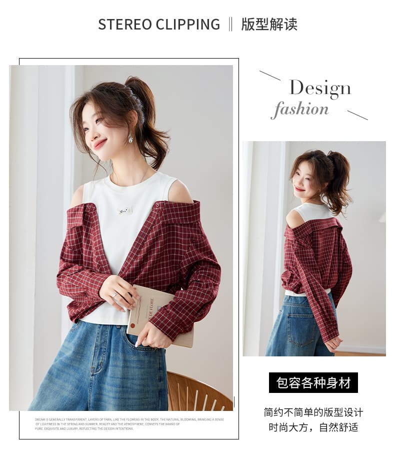 따뜻한 플러시 속삭임 봄 새로운 페이크 레이어드 패치워크 빨간색 오프숄더 체크무늬 여성 셔츠 루즈핏 긴팔 맨위 상세 이미지 7