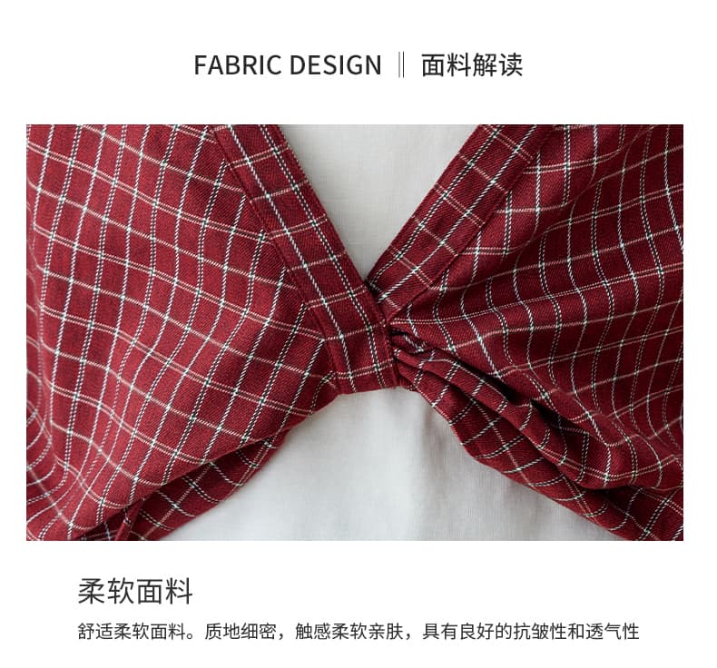 따뜻한 플러시 속삭임 봄 새로운 페이크 레이어드 패치워크 빨간색 오프숄더 체크무늬 여성 셔츠 루즈핏 긴팔 맨위 상세 이미지 8